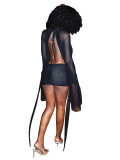 Mesh see through deep V-neck, backless flared sleeves, hip hugging skirt, dress