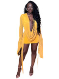 Mesh see through deep V-neck, backless flared sleeves, hip hugging skirt, dress