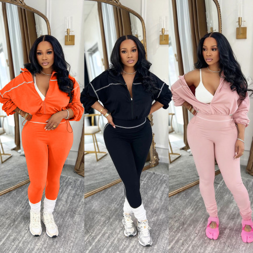 Spring and Autumn Solid Color Long Sleeve Zipper Women's Wear Slimming Two Piece Set