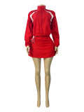 Long sleeved zipper contrasting stand up collar jacket, drawstring pleated pants skirt, women's two-piece set, expected to be shipped in 12 days