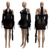 Spring and summer sexy mesh see through hanging neck, backless strap, pleated dress
