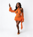 Spring and summer sexy mesh see through hanging neck, backless strap, pleated dress