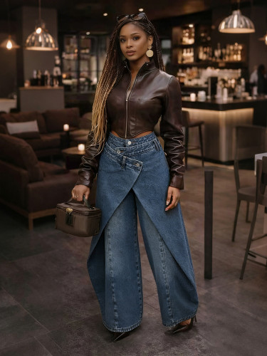 American retro spicy style irregular wide leg pants with high waisted cross metal buckle for slimming and drape effect