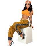 Hot girl jeans, women's mid waist waistband, double-sided tassel splicing, contrasting color, non elastic denim work pants
