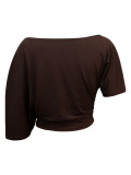 Spicy girl style slanted shoulder crop top women's summer pleated waist cinched short sleeved solid color off shoulder short T-shirt