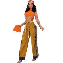 Hot girl jeans, women's mid waist waistband, double-sided tassel splicing, contrasting color, non elastic denim work pants