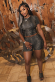 Serpentine round neck short sleeved shorts two-piece set for women, high elasticity casual nightclub style