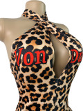 Cross neck deep V-back jumpsuit shorts with letter print two-piece set
