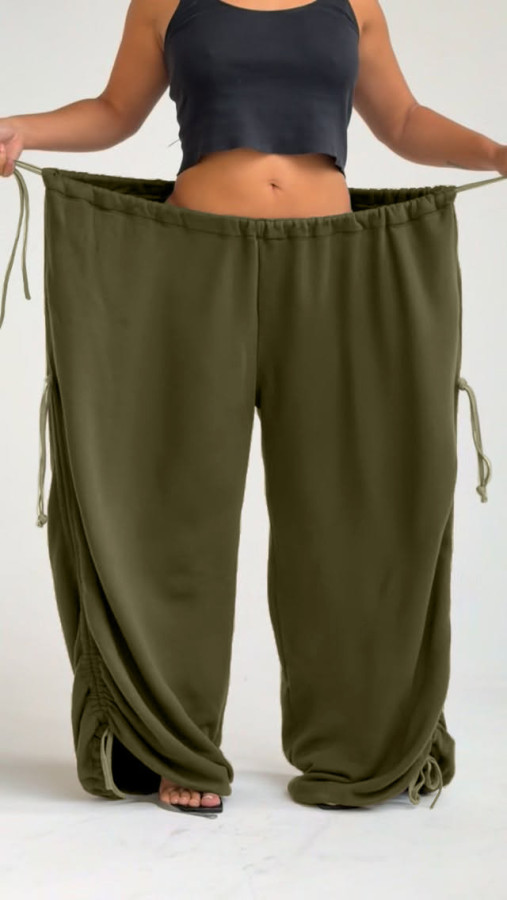 Lazy style high waisted casual versatile hanging drawstring loose wide leg pants