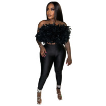 Turkey feather strapless one shoulder backless elastic pants two-piece set