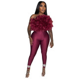Turkey feather strapless one shoulder backless elastic pants two-piece set