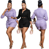 Flip collar single breasted pocket shirt casual shorts two-piece set