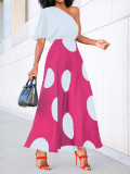 Multi color slanted shoulder short sleeved polka dot vacation fashionable and elegant dress