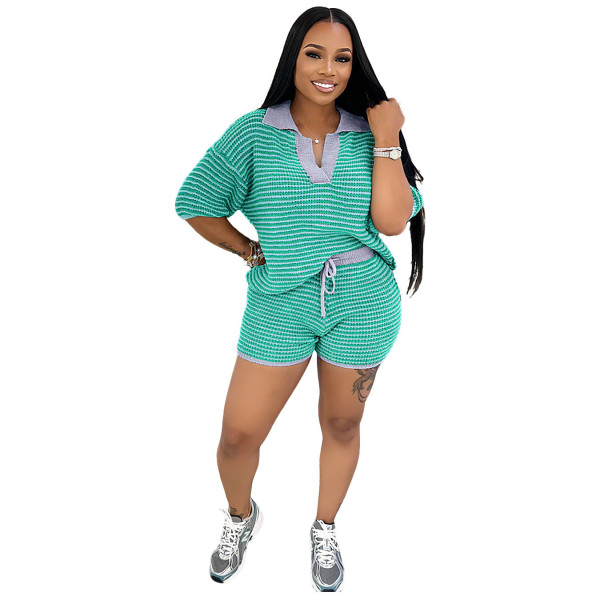 Mid sleeve V-neck striped knit top, high waisted shorts, street contrasting color set