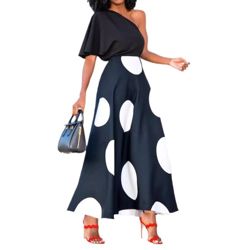 Multi color slanted shoulder short sleeved polka dot vacation fashionable and elegant dress