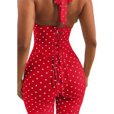 Fashion women's neck hanging polka dot fishbone zipper waist cinching seven part jumpsuit (fake two-piece set)
