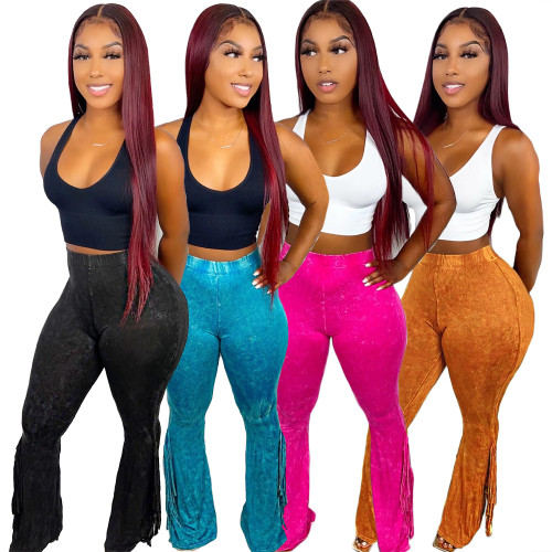 Slim fit plush printed women's tassel casual pants with flared bottom