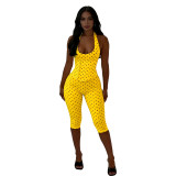Fashion women's neck hanging polka dot fishbone zipper waist cinching seven part jumpsuit (fake two-piece set)