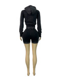 Washed zipper hooded fleece top, distressed shorts, sports two-piece set