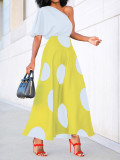 Multi color slanted shoulder short sleeved polka dot vacation fashionable and elegant dress