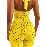 Fashion women's neck hanging polka dot fishbone zipper waist cinching seven part jumpsuit (fake two-piece set)