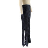 Slim fit plush printed women's tassel casual pants with flared bottom