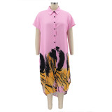 Irregular printed casual women's shirt long dress
