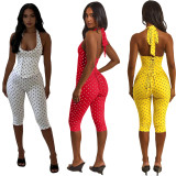 Fashion women's neck hanging polka dot fishbone zipper waist cinching seven part jumpsuit (fake two-piece set)