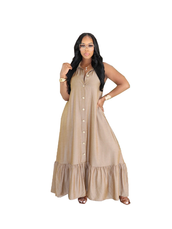 Loose sleeveless ruffle edge skirt for women's leisure vacation, with a lapel and breasted dress