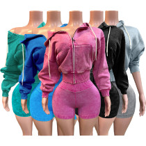 Washed zipper hooded fleece top, distressed shorts, sports two-piece set