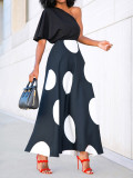 Multi color slanted shoulder short sleeved polka dot vacation fashionable and elegant dress