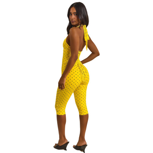 Fashion women's neck hanging polka dot fishbone zipper waist cinching seven part jumpsuit (fake two-piece set)