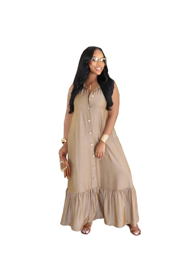 Loose sleeveless ruffle edge skirt for women's leisure vacation, with a lapel and breasted dress