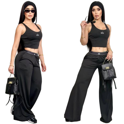 ALO Versatile Fashion Casual Two-Piece Loose Fit Vest Top Embroidered Wide Leg Set