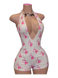 Sexy hanging neck backless deep V-print jumpsuit shorts jumpsuit
