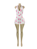Sexy hanging neck backless deep V-print jumpsuit shorts jumpsuit