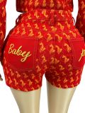 Fashion women's Y2K breasted printed embroidered elastic denim jacket, hip hugging shorts two-piece set