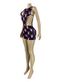 Printed hollow lace up jumpsuit+slim fit hip hugging shorts two-piece set