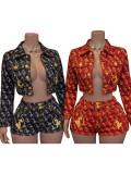 Fashion women's Y2K breasted printed embroidered elastic denim jacket, hip hugging shorts two-piece set