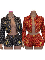 Fashion women's Y2K breasted printed embroidered elastic denim jacket, hip hugging shorts two-piece set