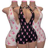 Sexy hanging neck backless deep V-print jumpsuit shorts jumpsuit