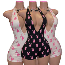 Sexy hanging neck backless deep V-print jumpsuit shorts jumpsuit