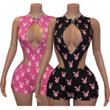 Printed hollow lace up jumpsuit+slim fit hip hugging shorts two-piece set