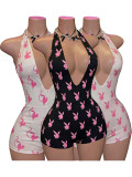 Sexy hanging neck backless deep V-print jumpsuit shorts jumpsuit