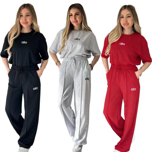 Casual Women's Short Sleeve Two-piece Set Slightly Wide-leg Pants with Letter