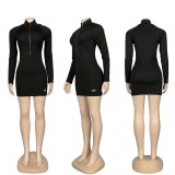 Long Sleeve Slim-fitting Letter Zippered Club Bodycon Dress