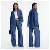 Cowboy style loose long sleeved shirt wide leg pants two-piece set