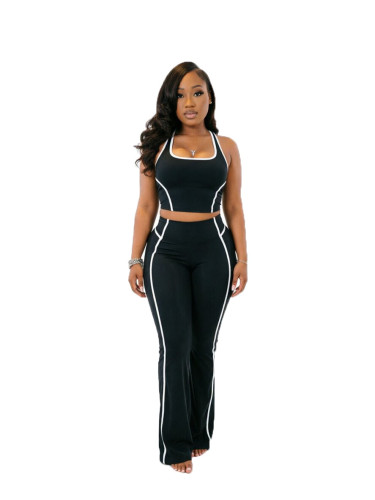 Quick drying high waisted contrasting sports yoga pants, casual sports pants, micro flared wide leg pants