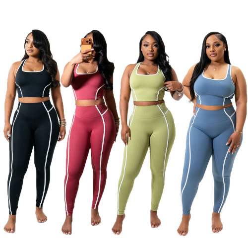 Splicing sports yoga vest, long pants, tight fitting leggings set