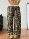 American fashion retro tree branch camouflage long pants women's high waisted drawstring casual pants